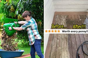on left, model holding green leaf scoops while dumping leaves into wheelbarrow. on right, before-and-after of dirty deck (left) and other side of same deck (right) all clean after using drill brush attachment