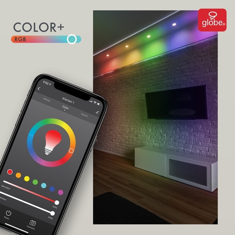 Rainbow lights on ceiling, left side smart phone app open to control lights