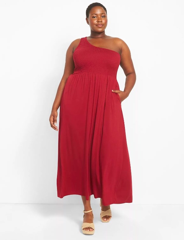 model wearing the dress in red