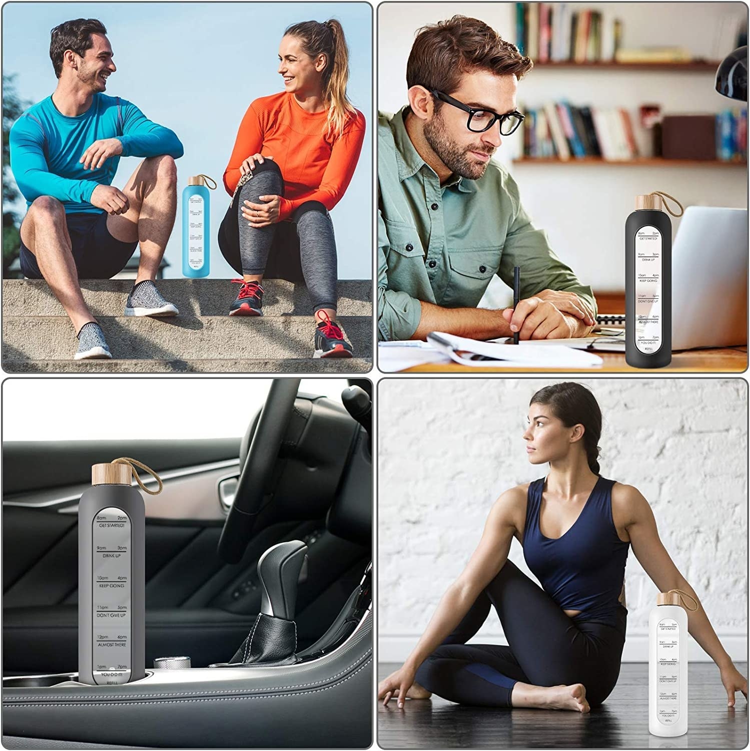 The water bottle in four different scenarios including beside a person doing yoga, in a car, between two people, and on a desk