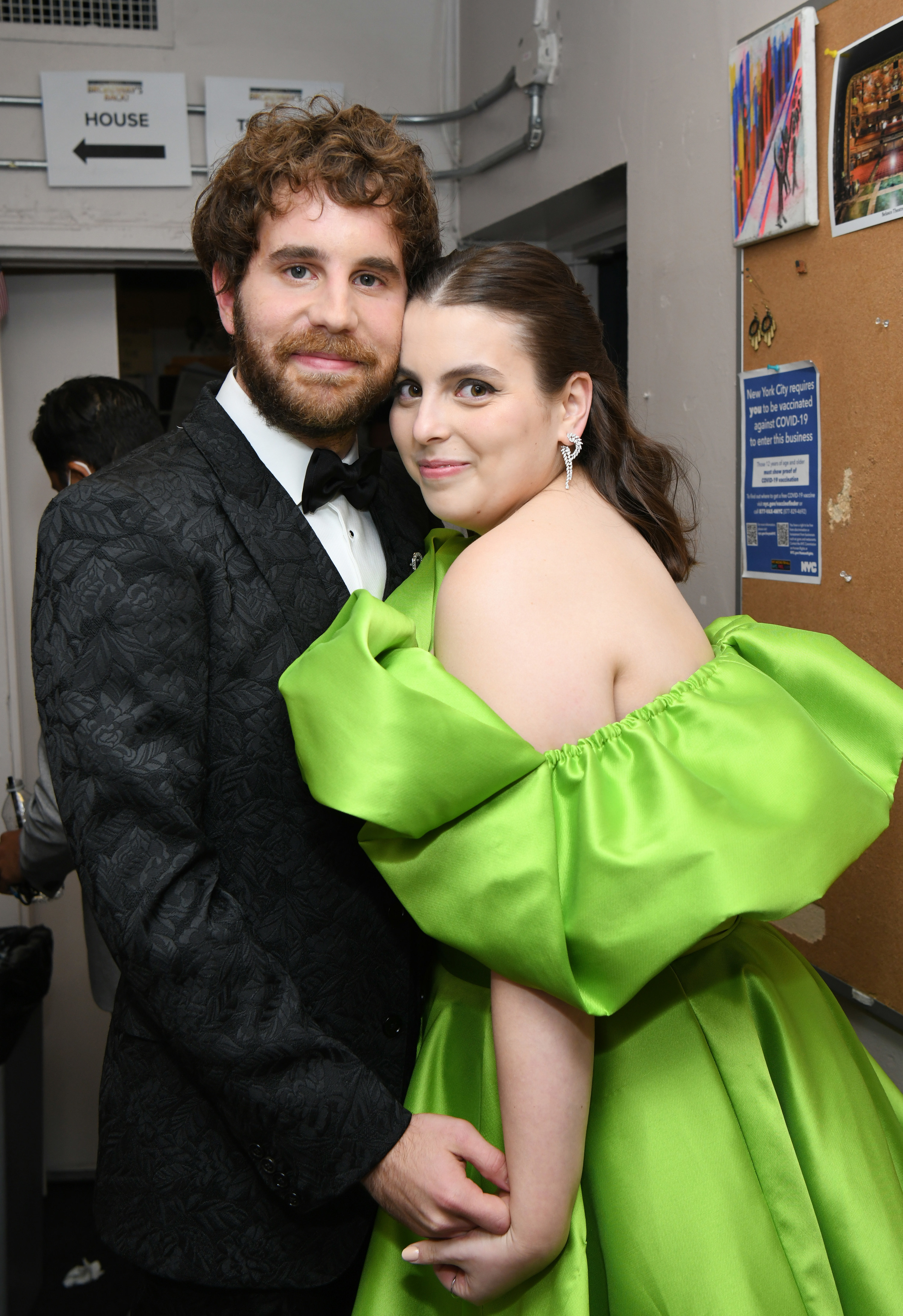 Ben Platt and Beanie Feldstein pose at the Tony Awards on September 26, 2021