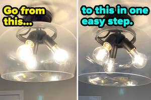 L: a reviewer photo of a foggy glass lampshade and text reading "Go from this...", R: a reviewer photo of the same lampshade now clear and text reading "to this in one easy step."