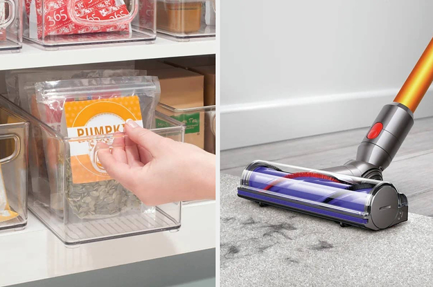Pantry storage bins on the left and a Dyson stick vacuum on the right