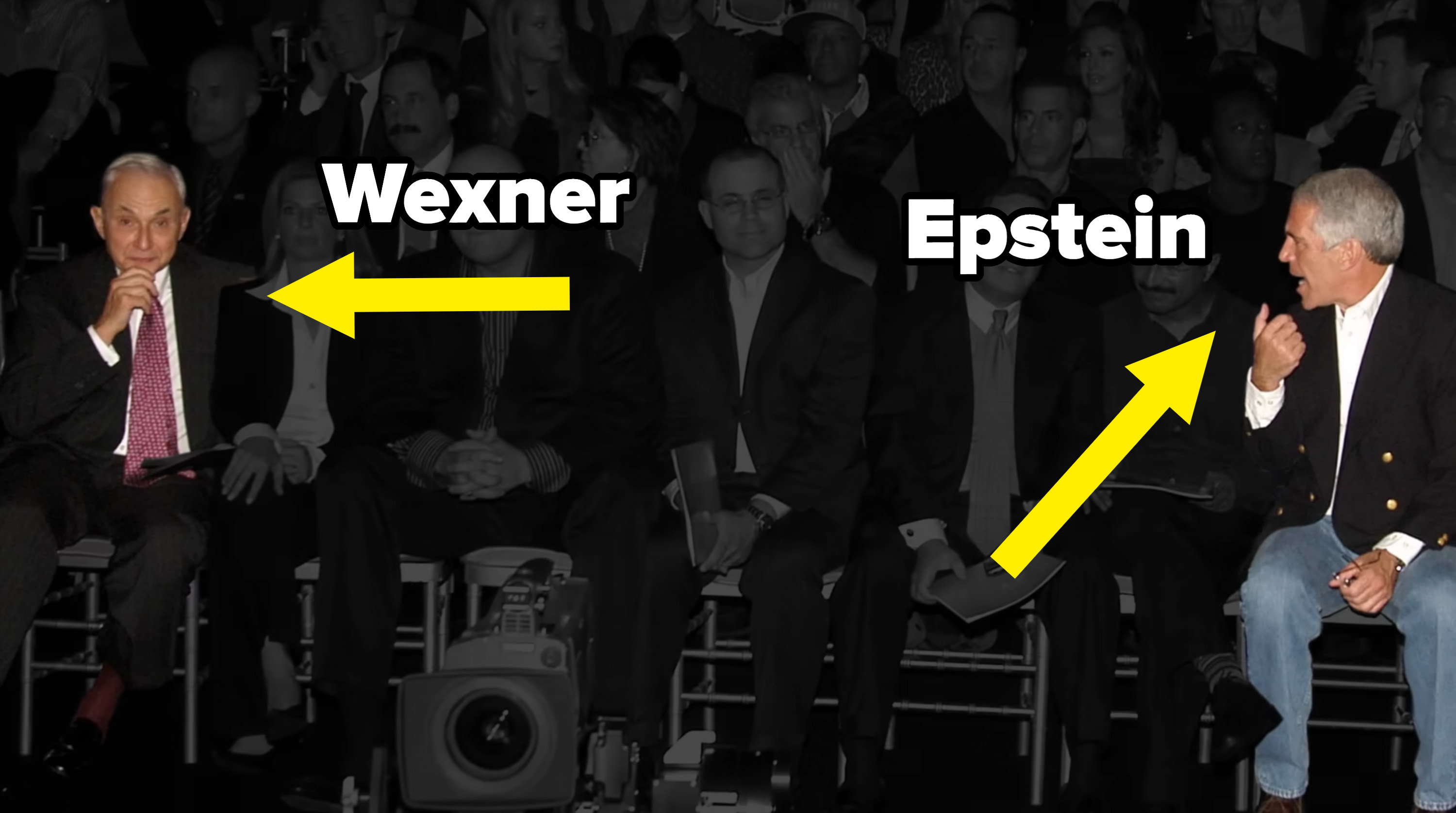 A screenshot from the documentary, showing Wexner and Epstein seated near each other at an event