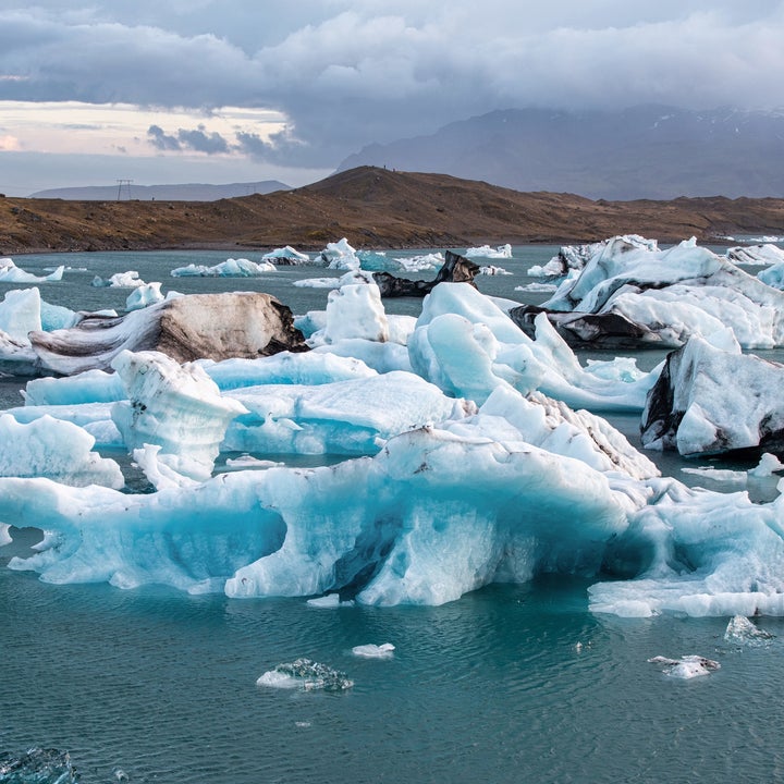 Jökulsárlón Glacier Lagoon, with dozens of chunks of ice floating in its waters