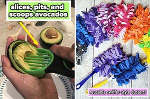reviewer slicing an avocado with an avocado tool with text: slices, pits, and scoops avocados /  assorted dusters in different colors with text: reusable swiffer-style dusters!