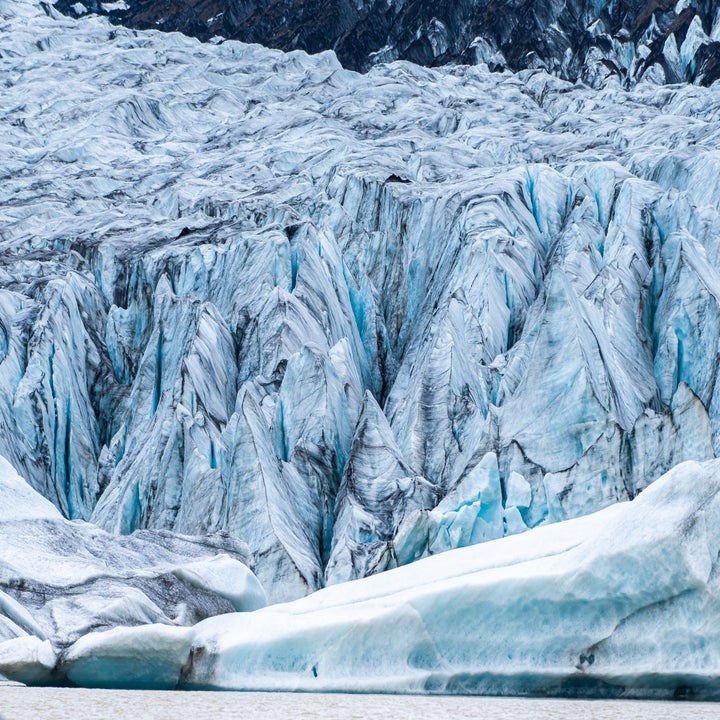 The Svínafellsjökull glacier, consisting of jagged shards of ice pointing upwards