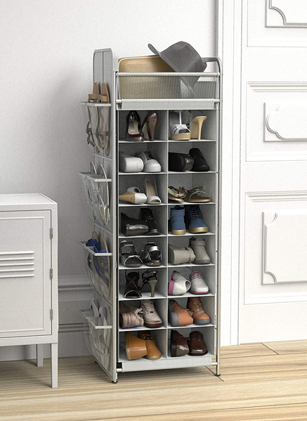 the shoe organizer in a room filled with shoes