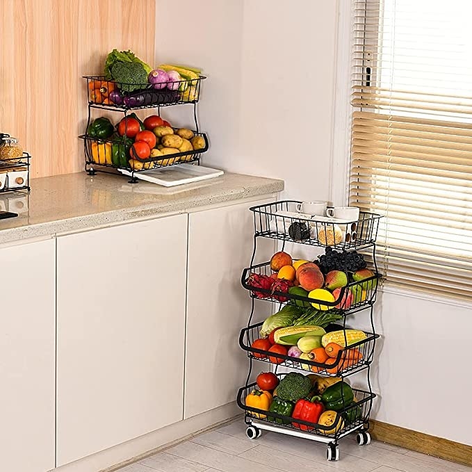 the wire shelf holding produce in a kitchen