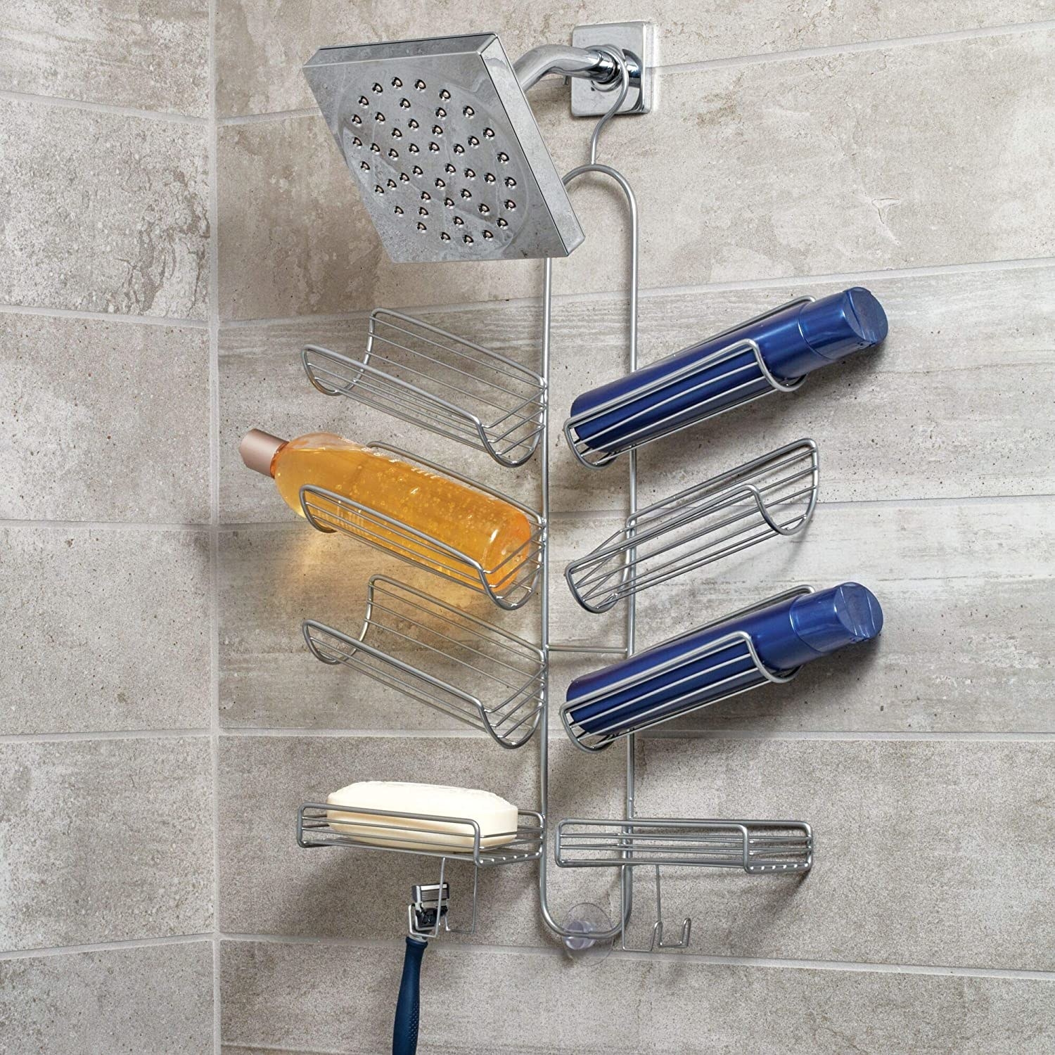 the shower caddy in a shower with products hanging on it