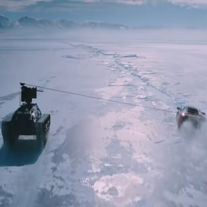 A tank harpooning a supercar on Lake Mývatn in The Fate of the Furious