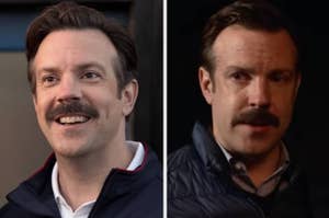 Jason sudeikis in two different ted lasso scenes