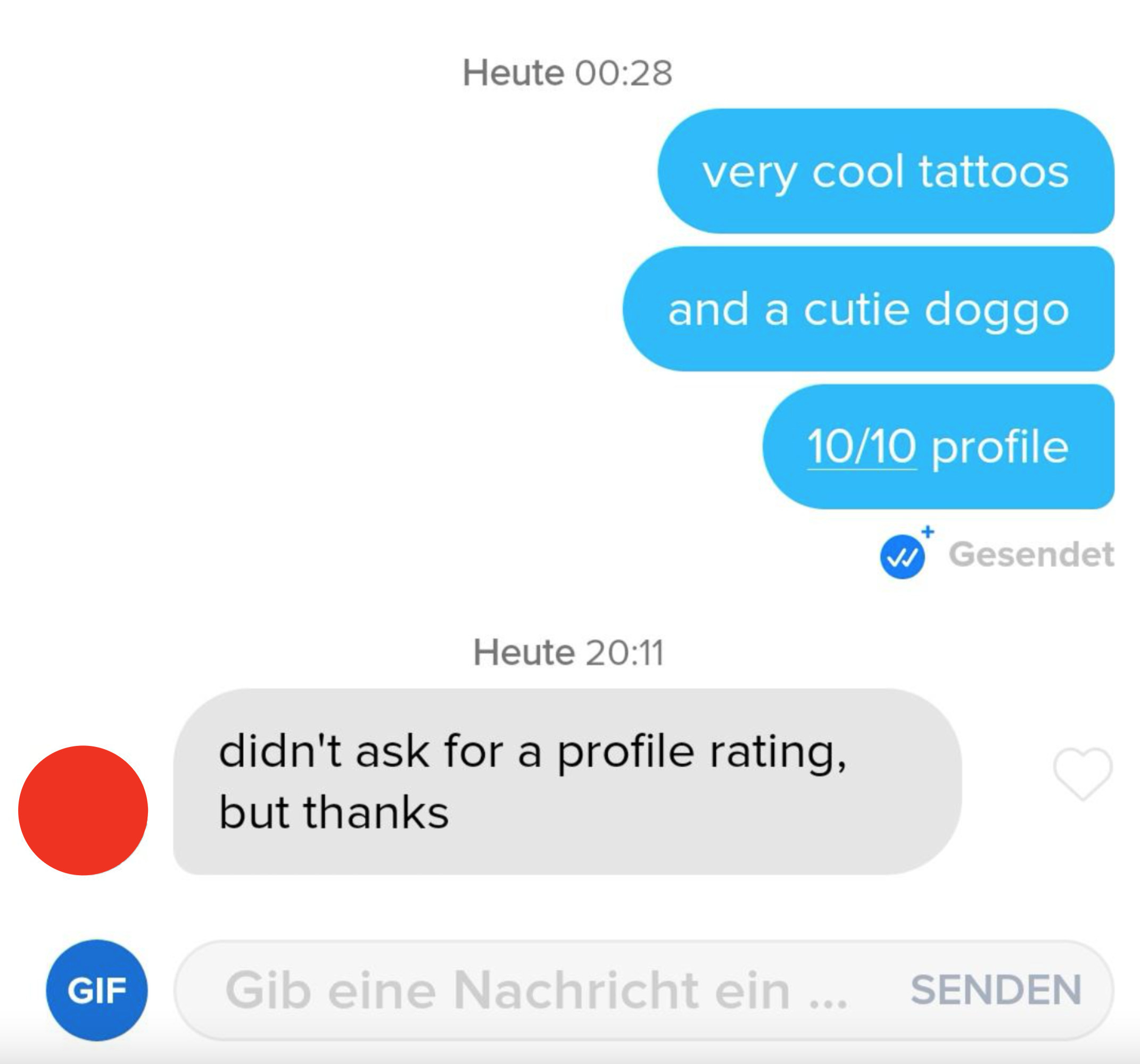 Screen shot of message ending in, &quot;didn&#x27;t ask for a profile rating, but thanks&quot;