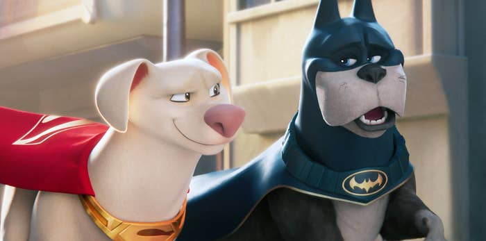 Two animated dogs, one wearing a Batman collar and cape, and the other wearing a Superman collar and cape