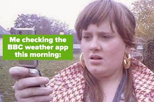 A picture of young singer Adele looking at he flip phone in confusion with the caption, "Me checking the BBC weather app this morning:"