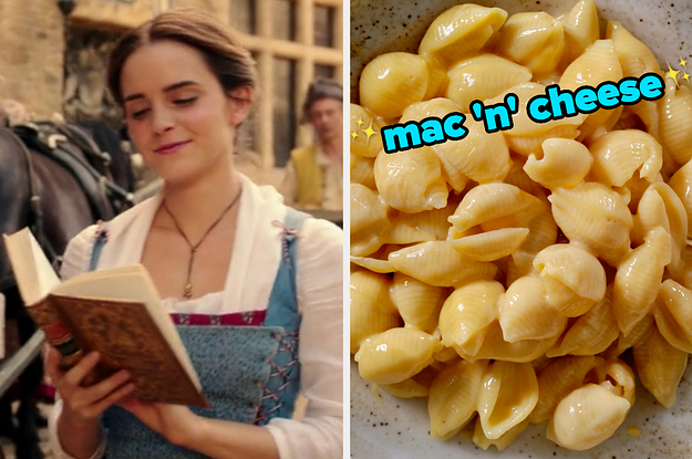 On the left, Emma Watson reading a book as Belle in Beauty and the Beast, and on the right, some mac and cheese
