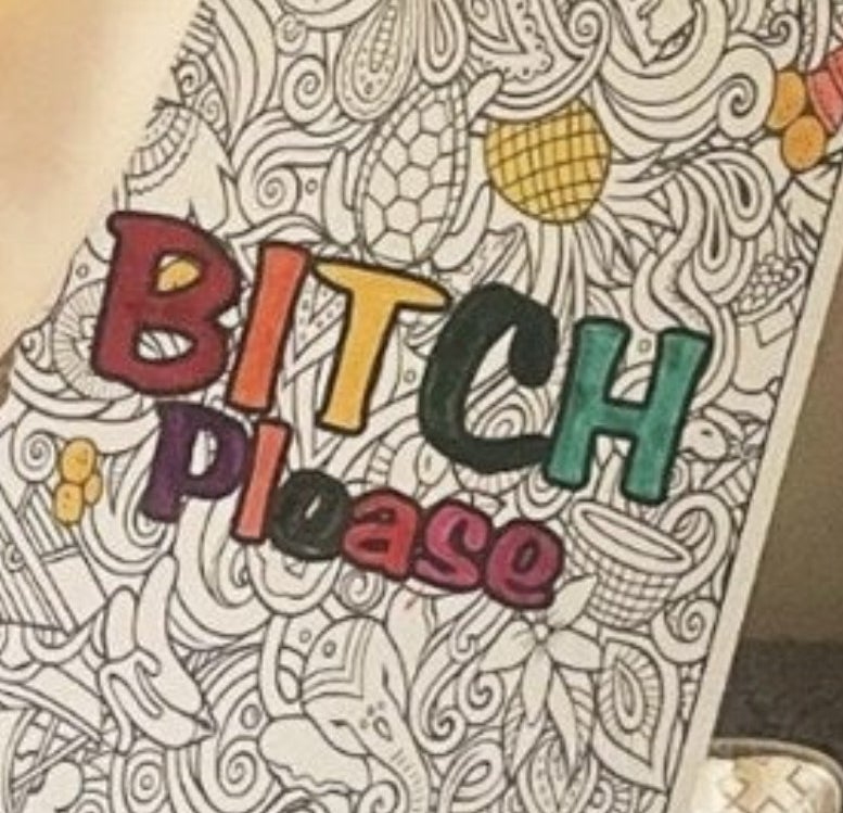 A little girl holding an adult coloring book with the words, &quot;Bitch please&quot;