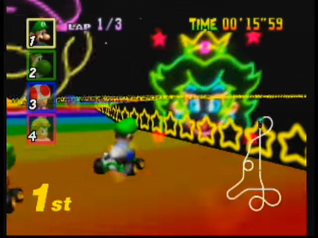 Screenshot of Mario Kart on N64, Luigi wining the race