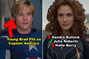 Side-by-side of Brad Pitt and Julia Roberts as superheroes 