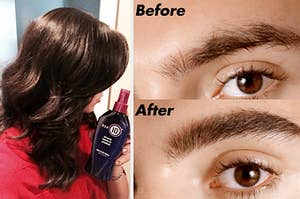 person with smooth, wavy hair holding It's A 10 leave in spray / before and after of elf brow wow, with top brow hair looking thin and unruly and bottom hair looking full, brushed, and neat