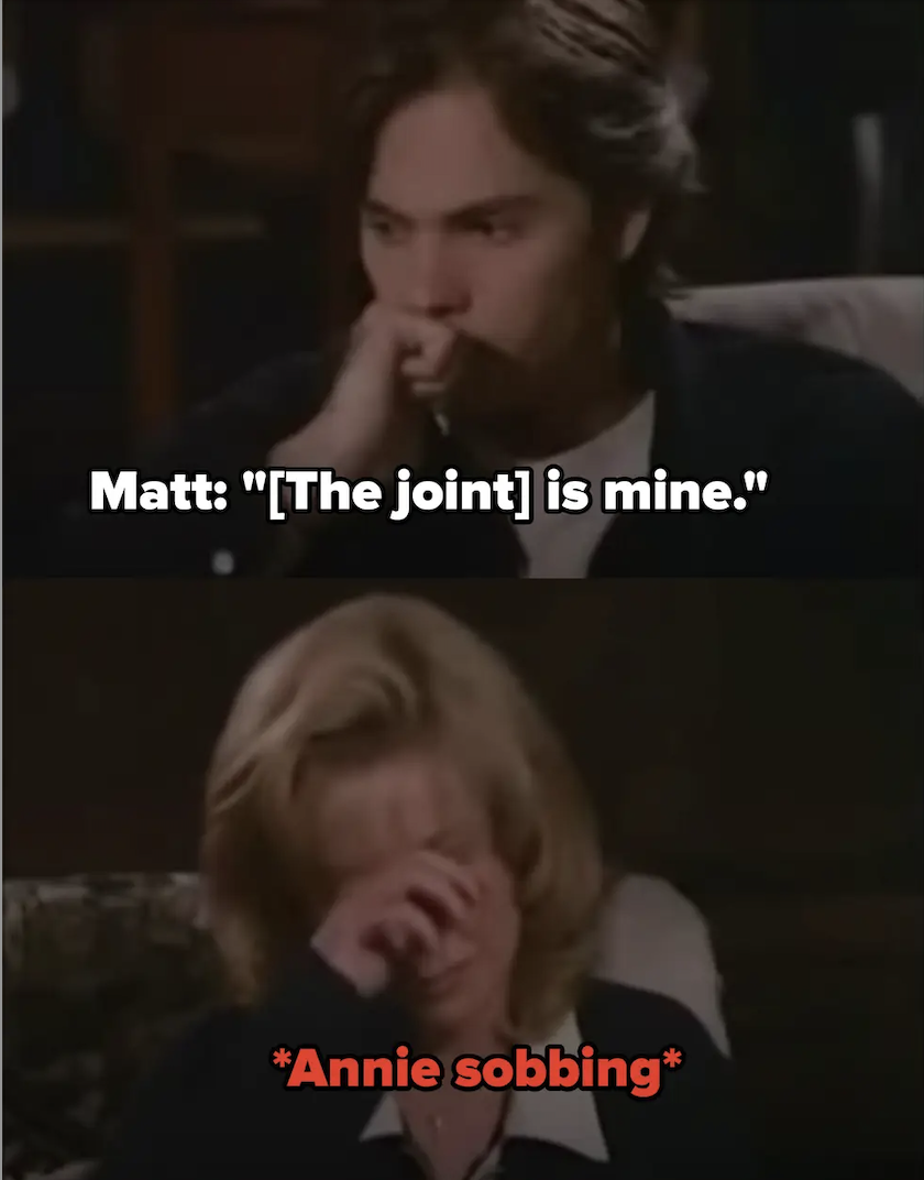 A woman crying when her son says, &quot;The joint is mine&quot;