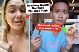 (Left) Florence Pugh (Right) Author with butter marmite toast