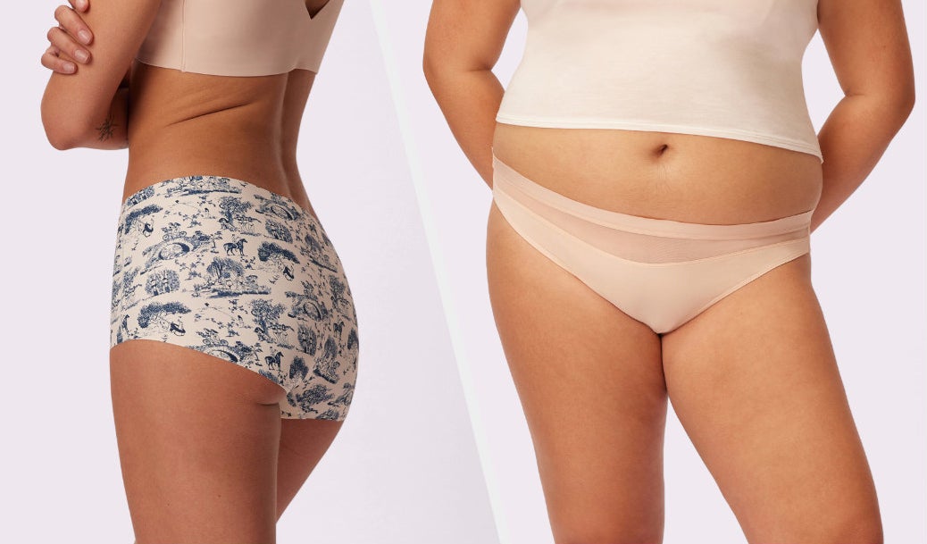 Two images of models wearing blue/white and beige underwear