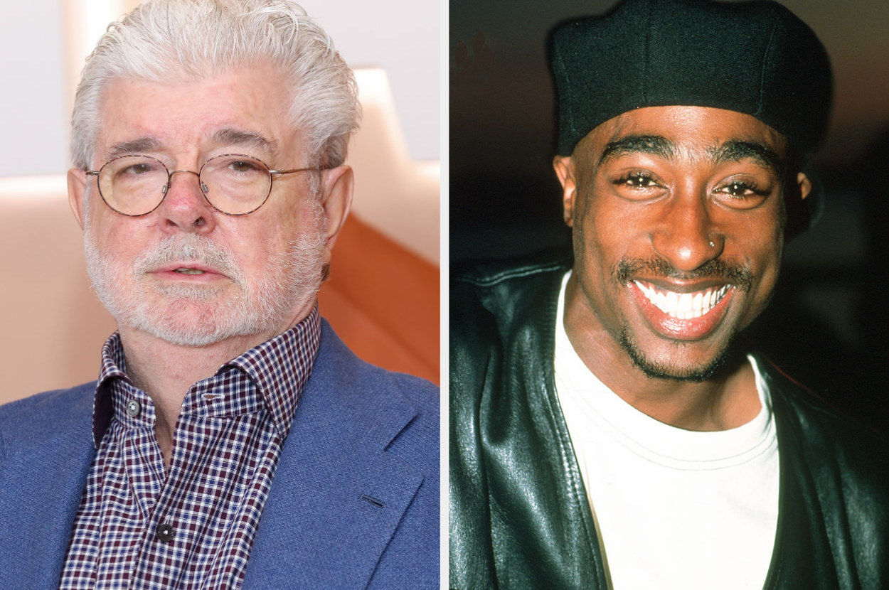 A picture of George Lucas at the 2022 MoMA &quot;Party in the Garden&quot; at Museum of Modern Art (L) on the right rapper Tupac Shakur performs onstage at Club Amazon on July 23, 1993
