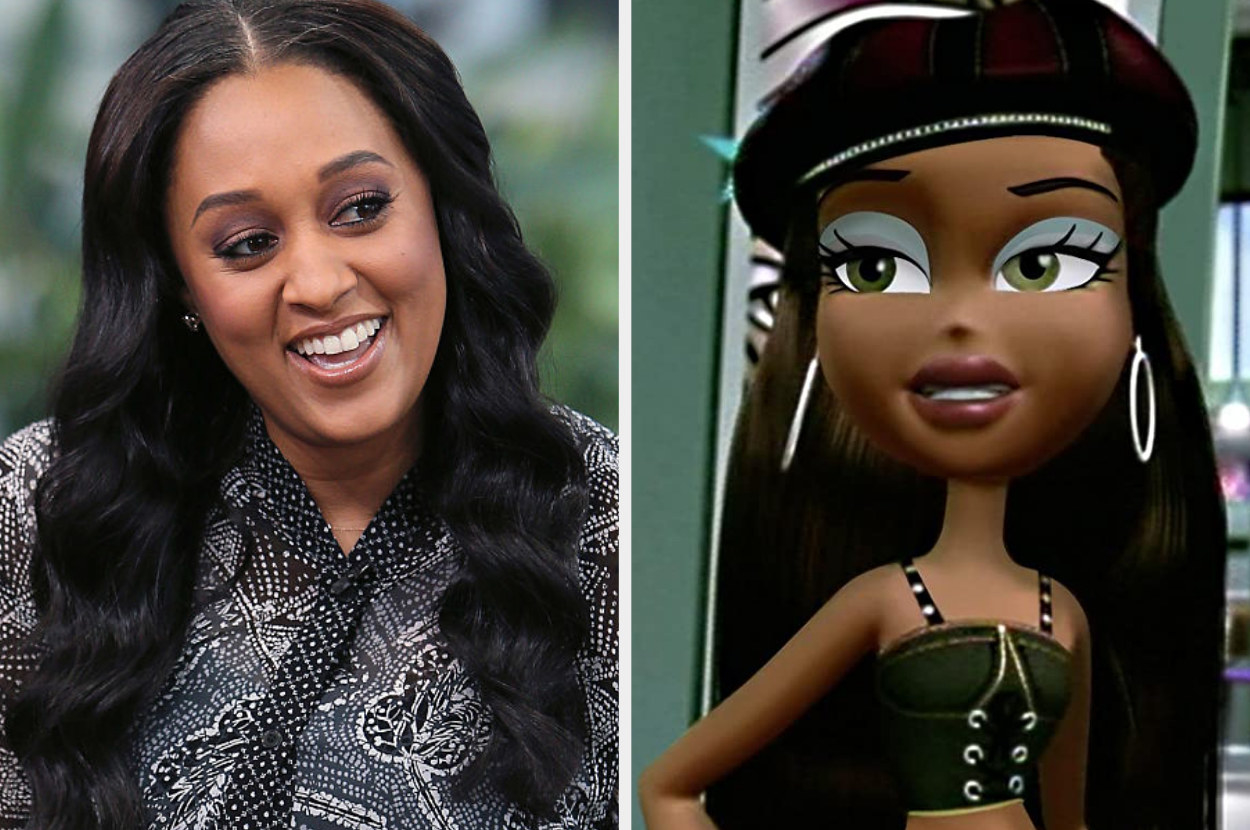 A picture of actress Tia Mowry-Hardrict smiling (L) and on the right Saha who she voiced in Bratz