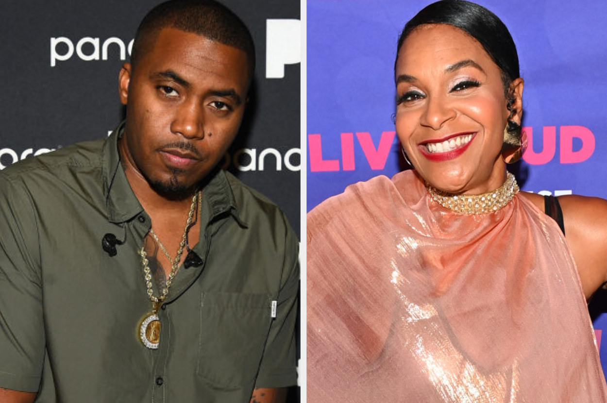 A picture of rapper Nas attends Pandora Sounds Like You NYC featuring Nas, Young M.A, Dave East and Biz Markie DJ Set at Brooklyn Steel (L) on the right Teedra Moses at the Evening Concert Series during the 2021 ESSENCE Festival Of Culture