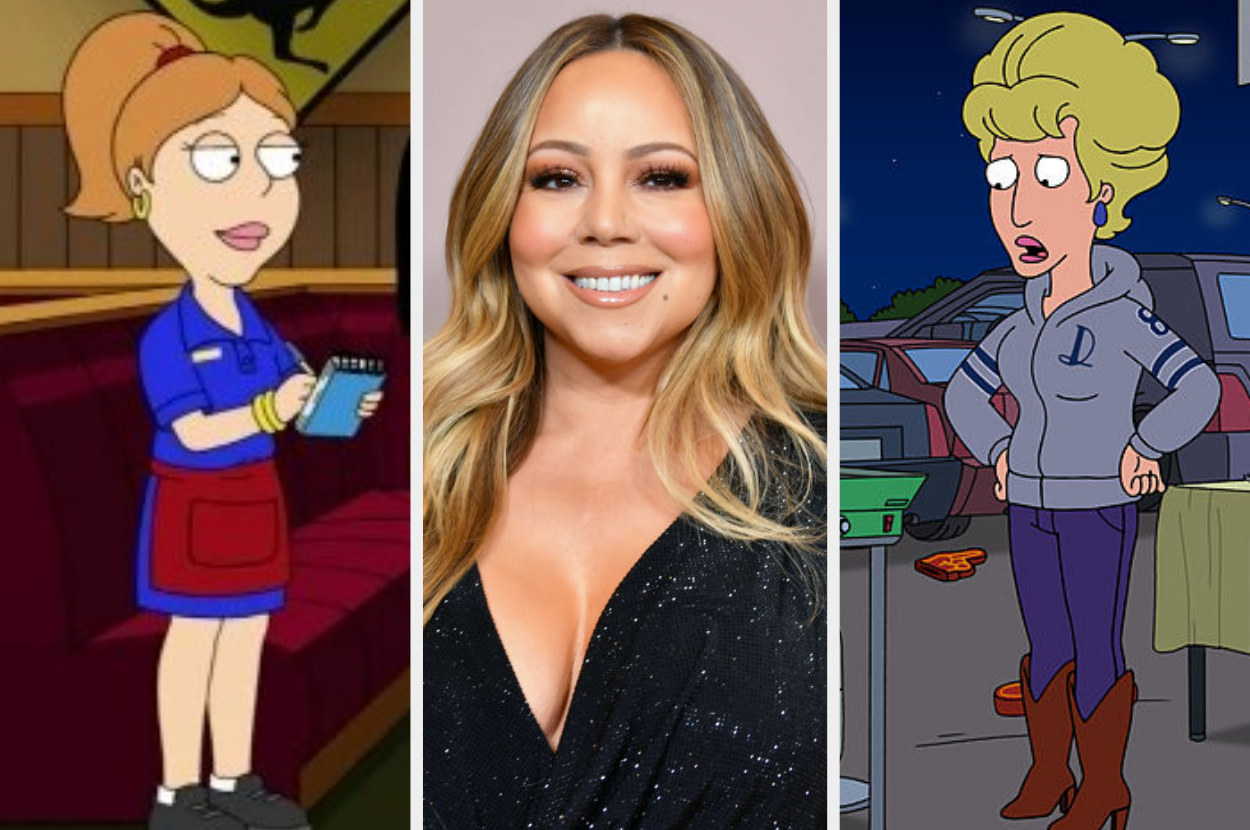 A picture of Mariah Carey at Variety&#x27;s 2019 Power of Women (L) and on the right the characters she voiced names Gina and Laura in American Dad