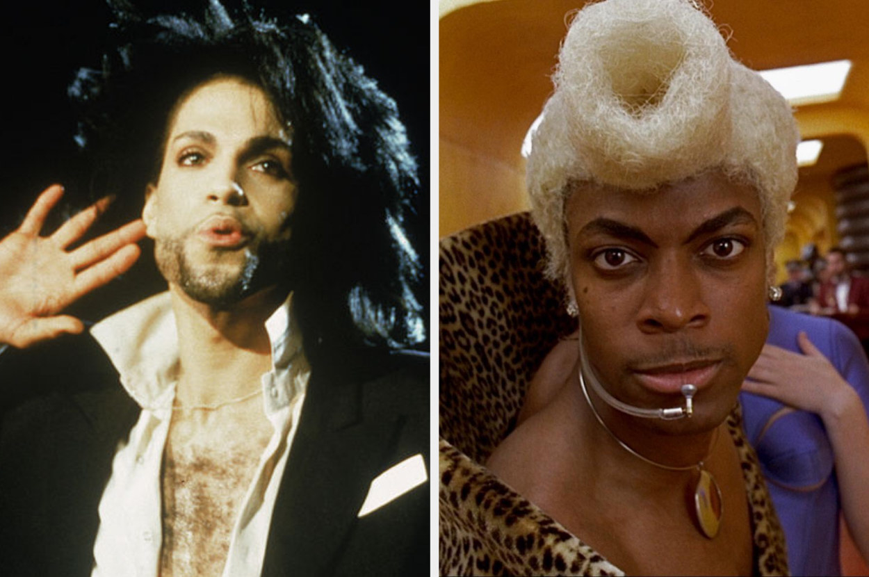 A picture of American singer and songwriter Prince standing on stage with a microphone, one hand by his ear to hear the crowd response, during a concert, February 1991(L) and on the right Chris Tucker in The Fifth Element