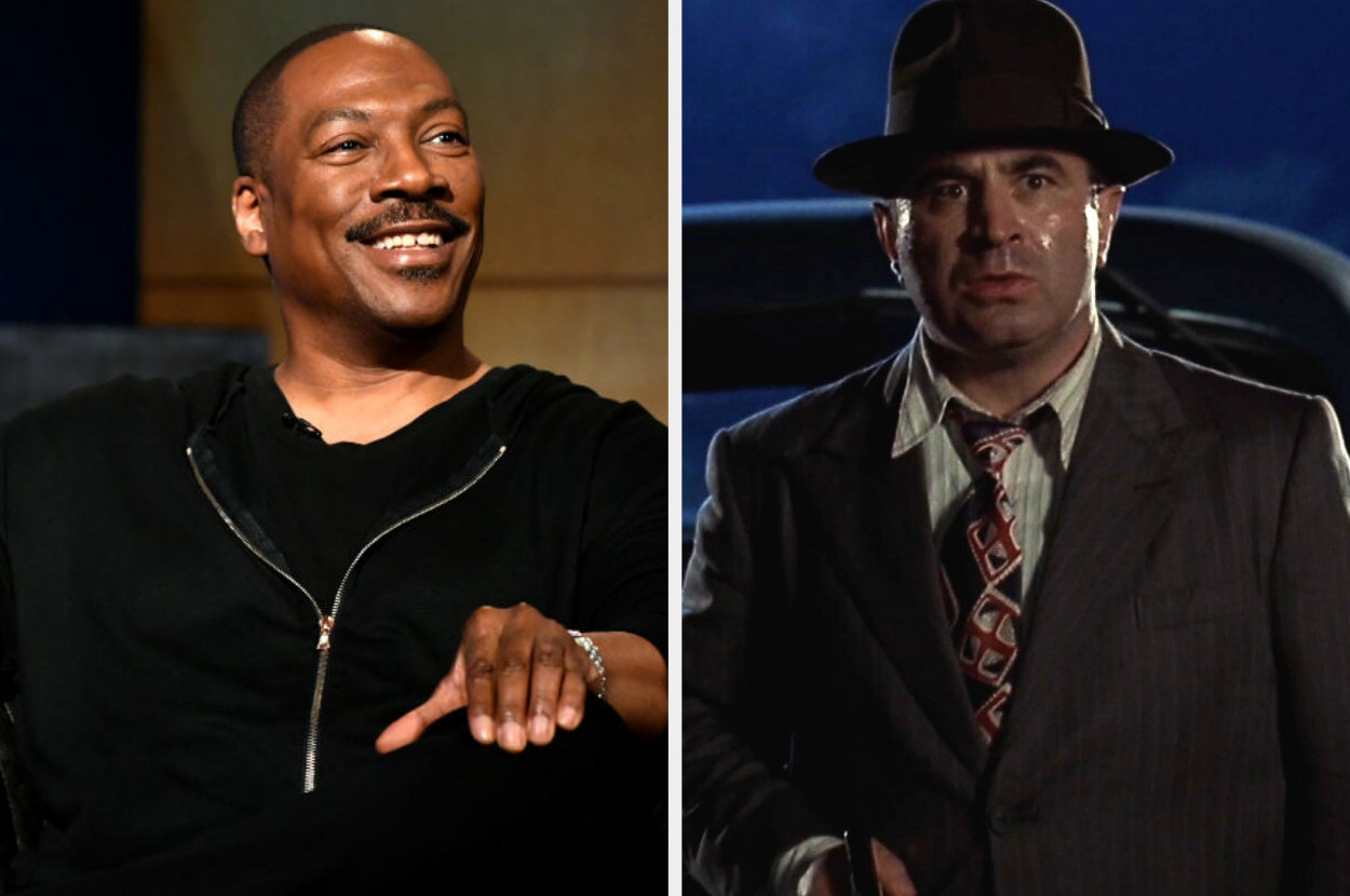 A picture of Eddie Murphy onstage during the LA Tastemaker event for Comedians in Cars at The Paley Center for Media on July 17, 2019 (L) and on the right Bob Hoskins as Eddie Valiant in Roger Rabbit