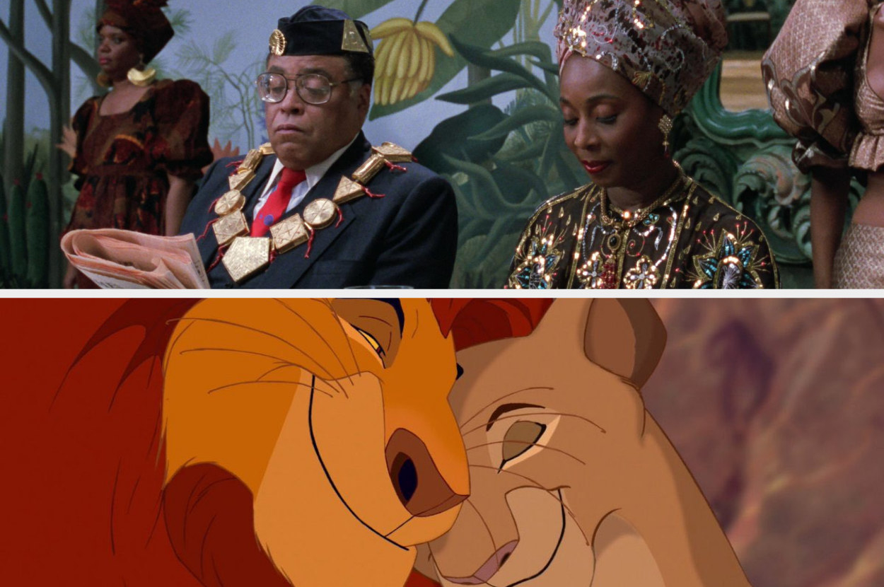 A picture of James Earl Jones and Madge Sinclair as King and Queen of Zamunda in Coming to America (top) and at the bottom a picture of Nala and Simba from The Lion King