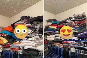 before and after with messy pile of t-shirts and shocked emoji and folded t-shirts with heart-eyed emoji