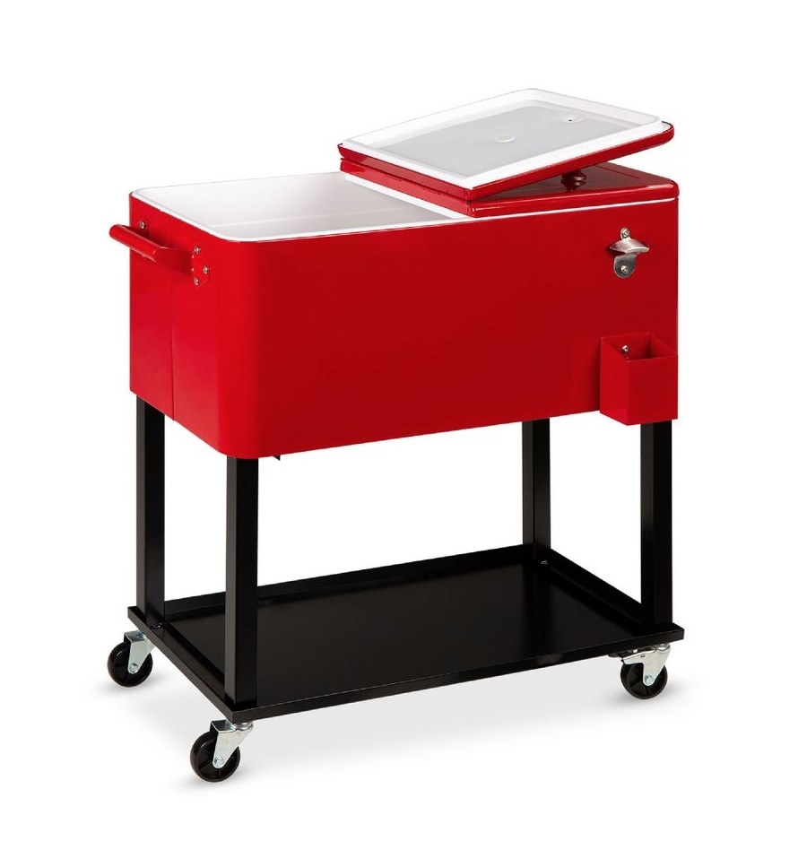 A red cooler cart on wheels