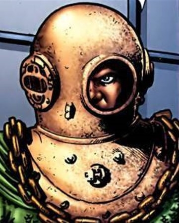 The Deep from the comics in his full costume wearing a divers helmet peaking through the opening exposing half of his face