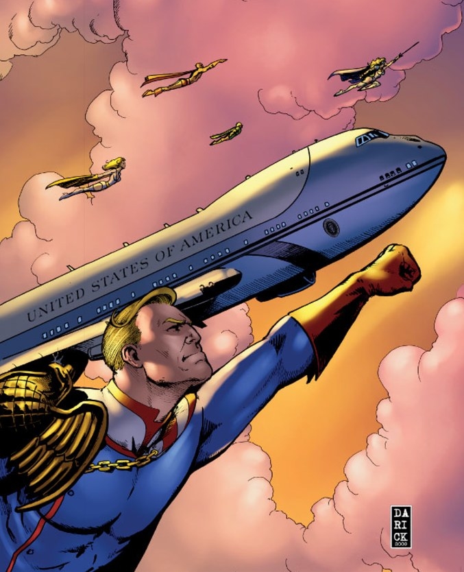 Homelander from the comics flying by air force one with the seven