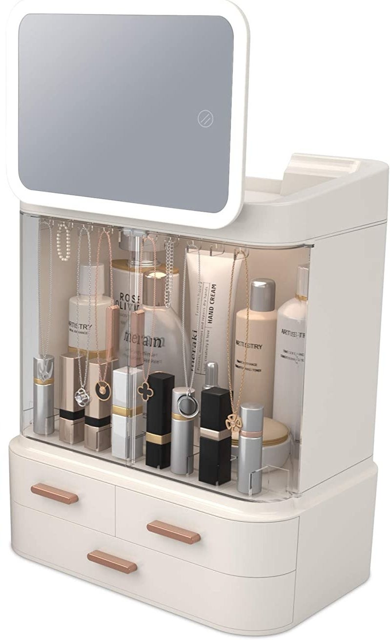 the organizer full of product in front of a plain background
