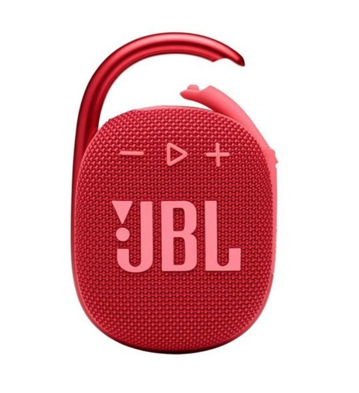 A red portable speaker with a clip