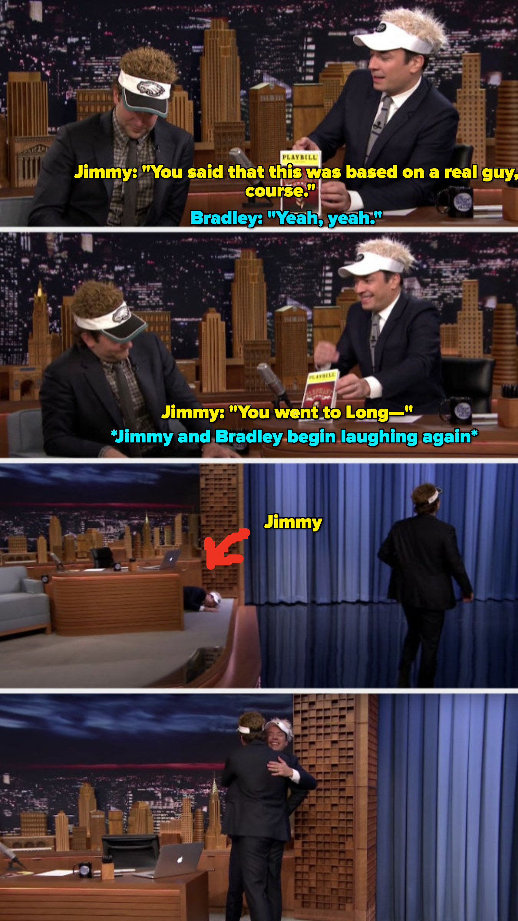 Jimmy Fallon and Bradley Cooper laugh then hug during an interview on &quot;The Tonight Show&quot;