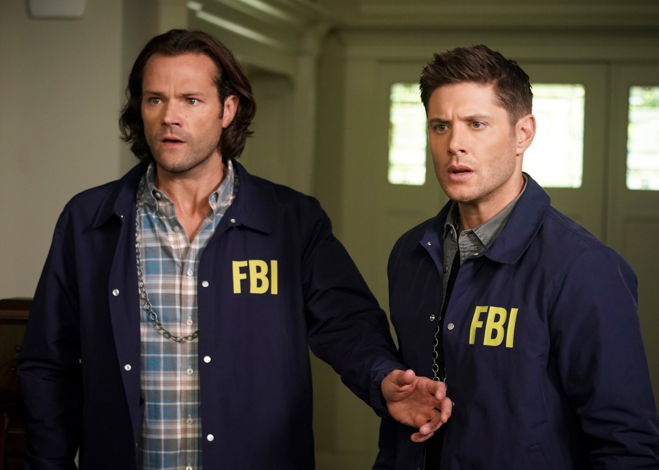 sam and dean wearing FBI jackets