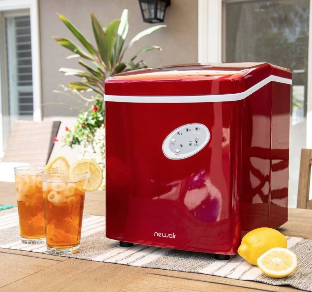 A red portable ice machine
