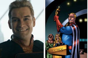 On the left is Antony Starr as Homelander taking a photo with a fake smile on his face and on the right is Homelander from the comics accepting an award 