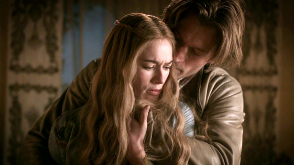 Cersei and Jaime sharing a passionate hug