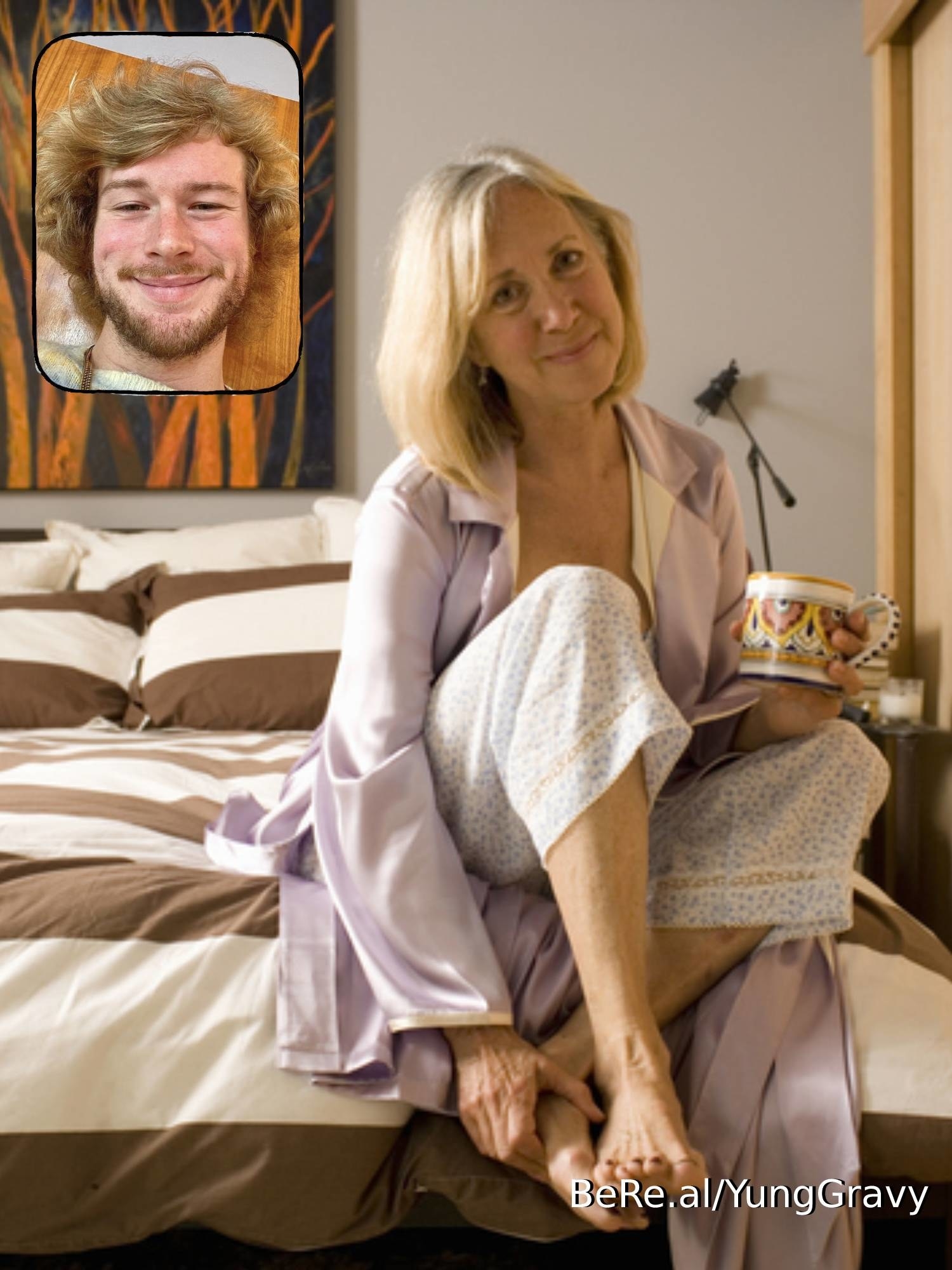 Yung Gravy smiling at an older woman sitting on a bed