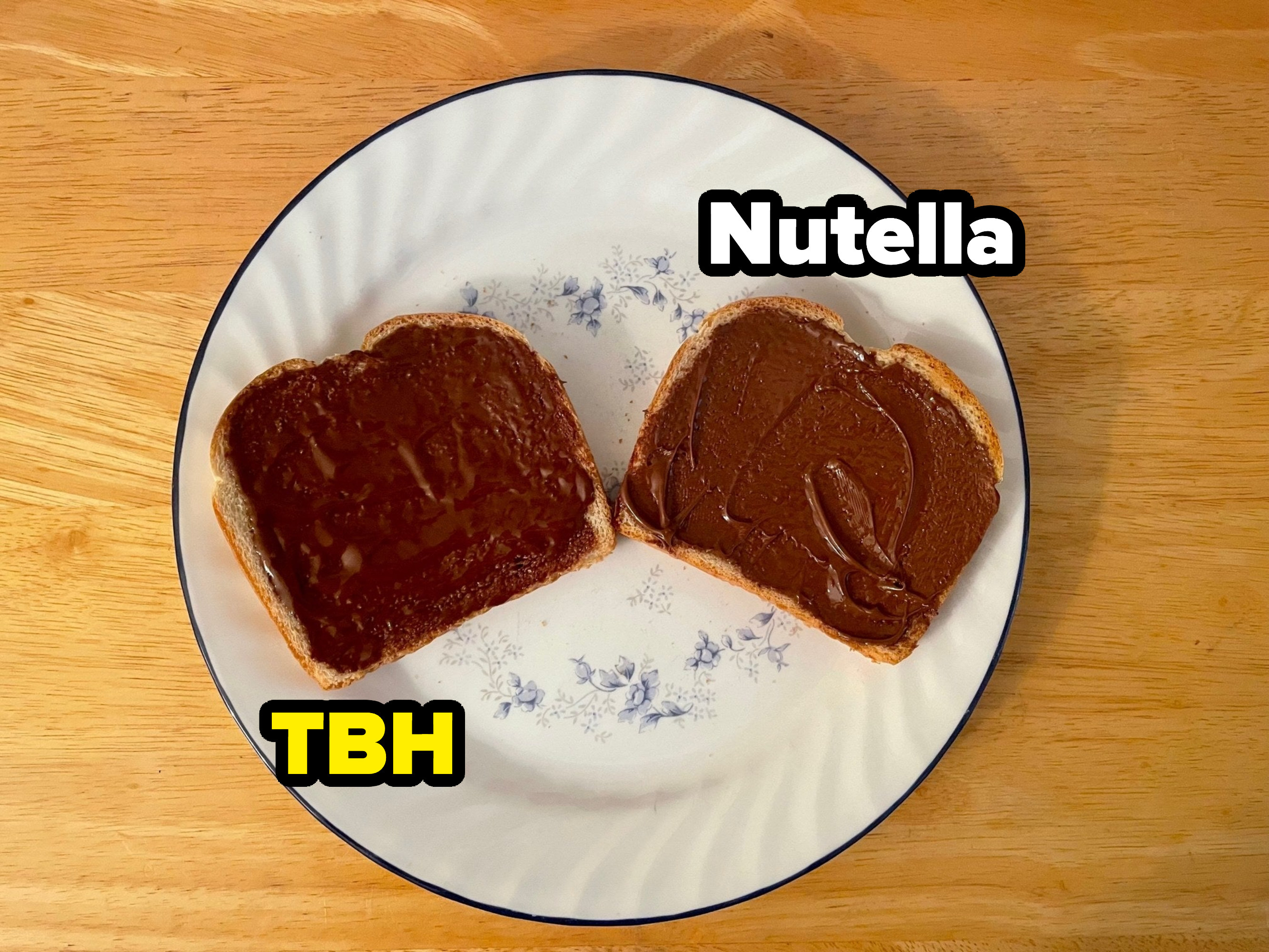 toast with TBH and one with nutella on a plate