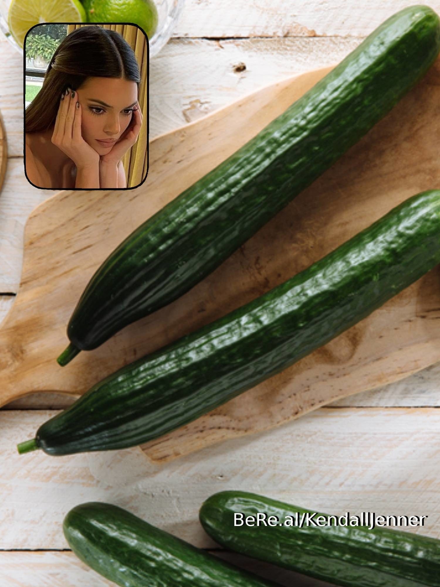 Kendall Jenner sitting with her chin in her hands, intensely looking at cucumbers on a cutting board
