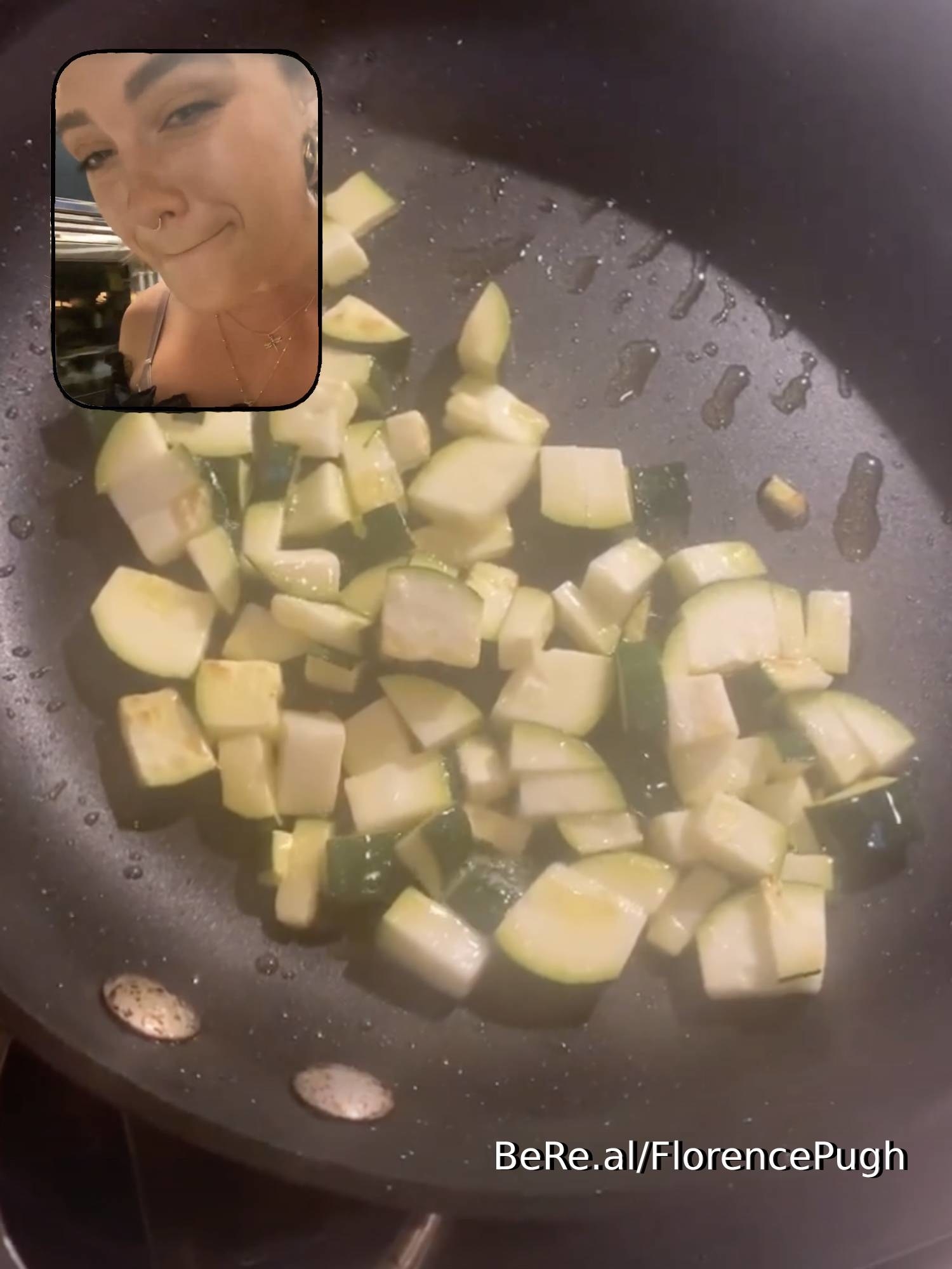 Florence Pugh, vegetables cooking in a pan