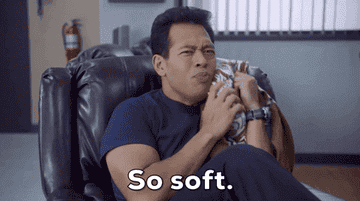 GIF of Eugene Cordero in Tacoma FD rubbing blanket and saying, &quot;So soft.&quot;